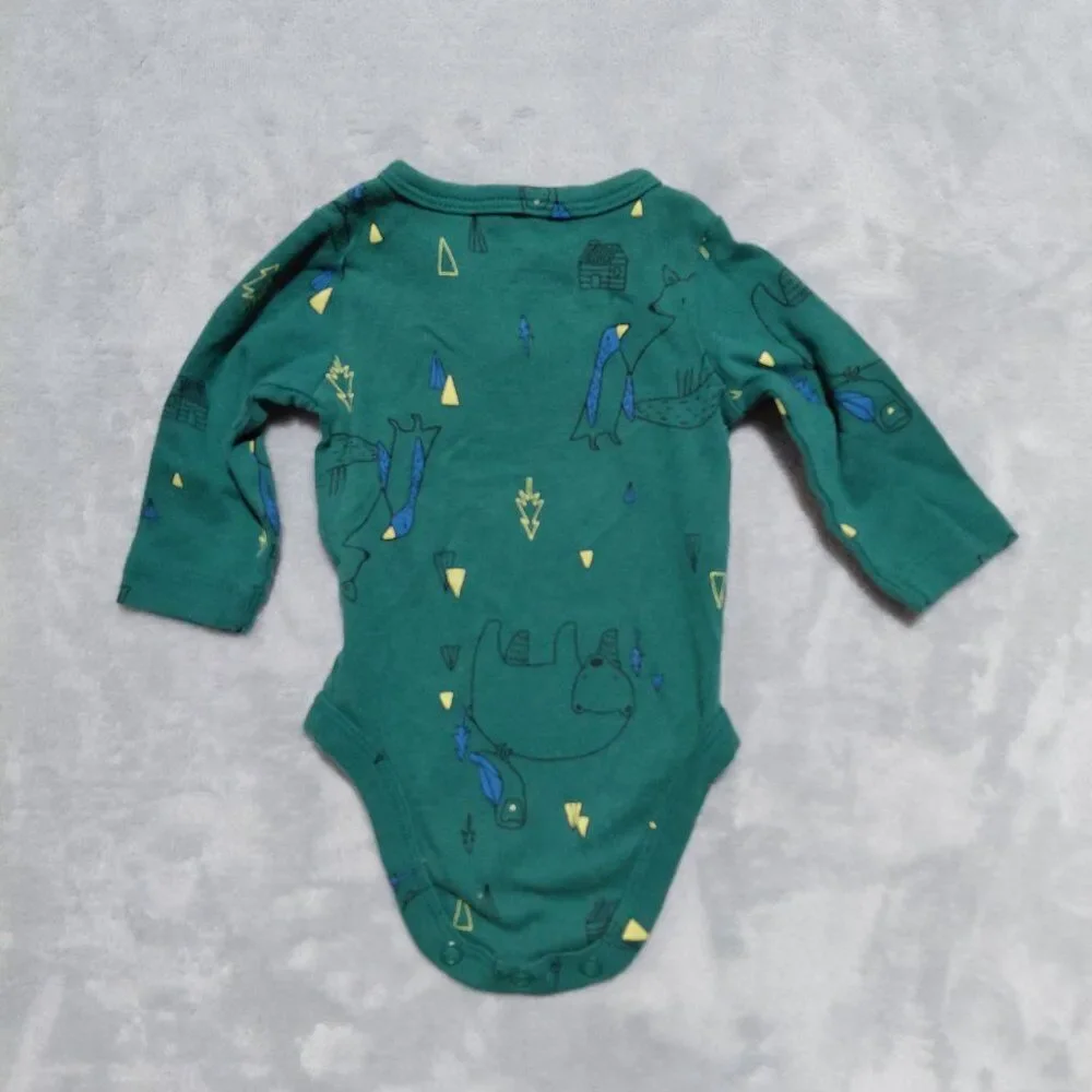 Carter's NB Forest Green Bodysuit Bear Owl Woodland Print Button Up